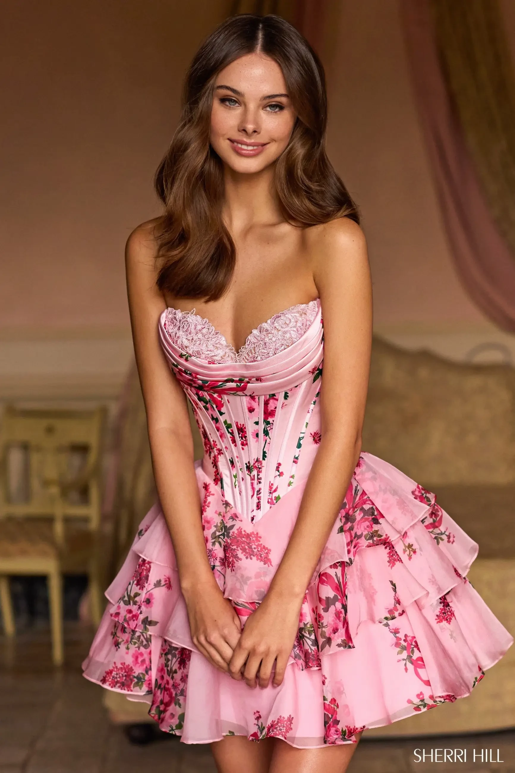 model wearing pink Sherri Hill dress